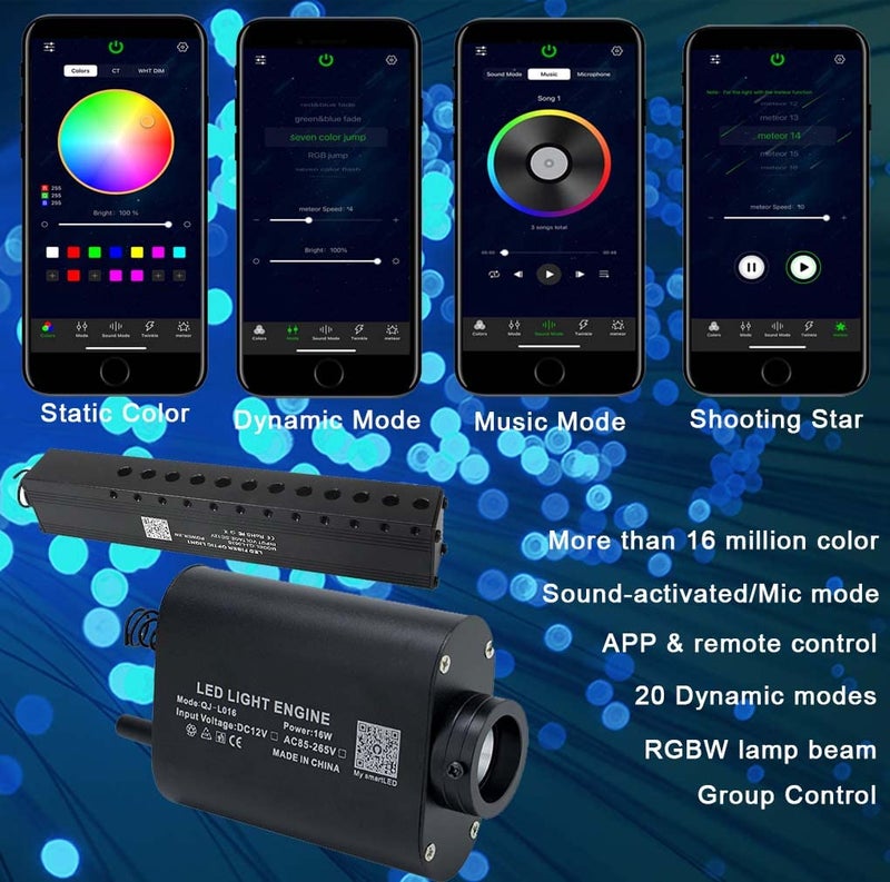 AZIMOM 16W Sound Activate Fiber Optic Starlight Headliner Kit 550pcs 0.03in 13.1ft Fiber Strands, Pure White Meteor Shooting Star Music Mode Remote APP Control Car Use Home Headliner Decor - Image 2
